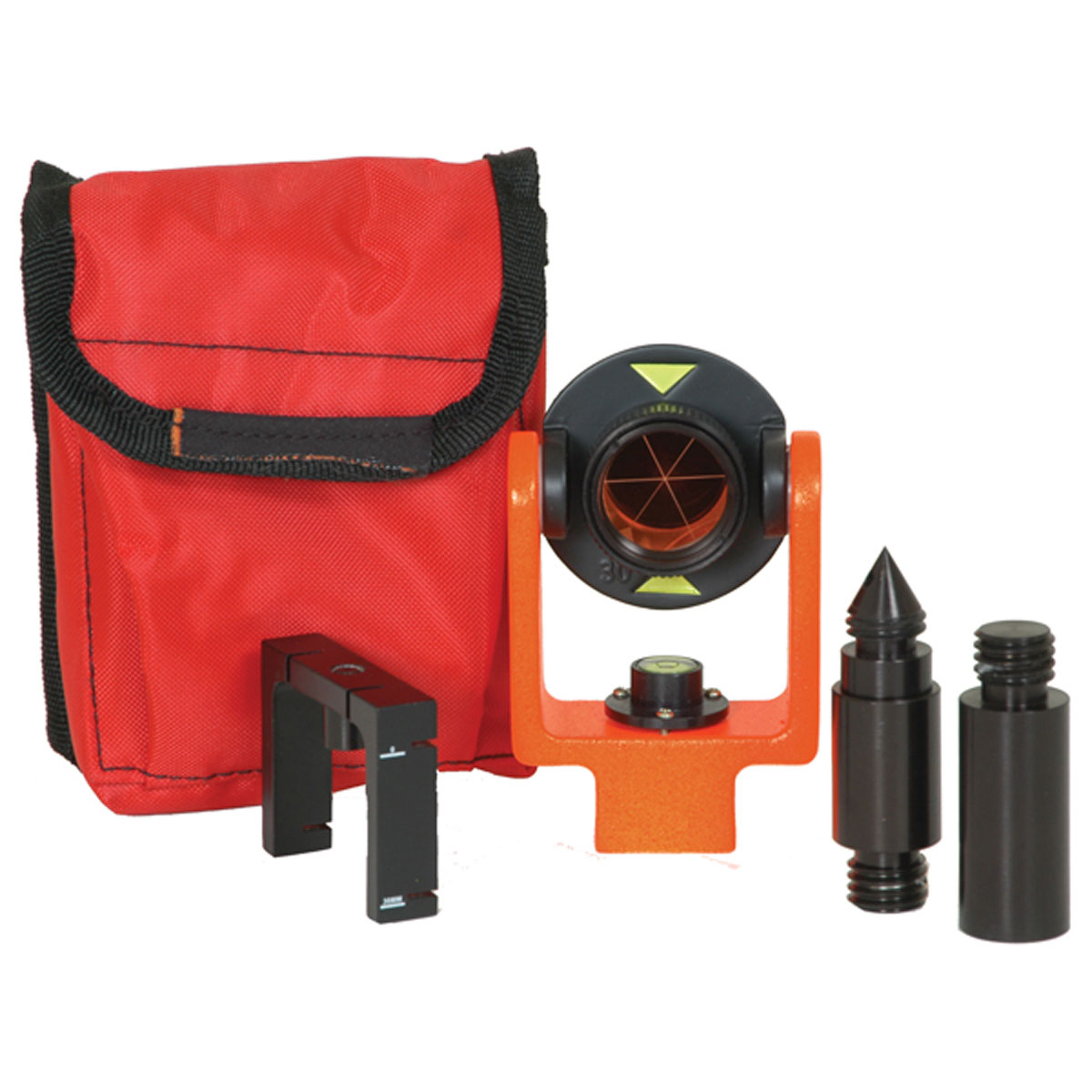 SECO Miniprisma-Set mit orangem Halter, Libelle, Adapter, Absteckspitze und roter Tasche.