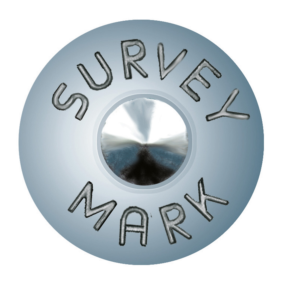 Draufsicht auf den Kopf des Superkopfbolzens mit Aufschrift Survey Mark und zentraler Körnerpunkt-Vertiefung.
