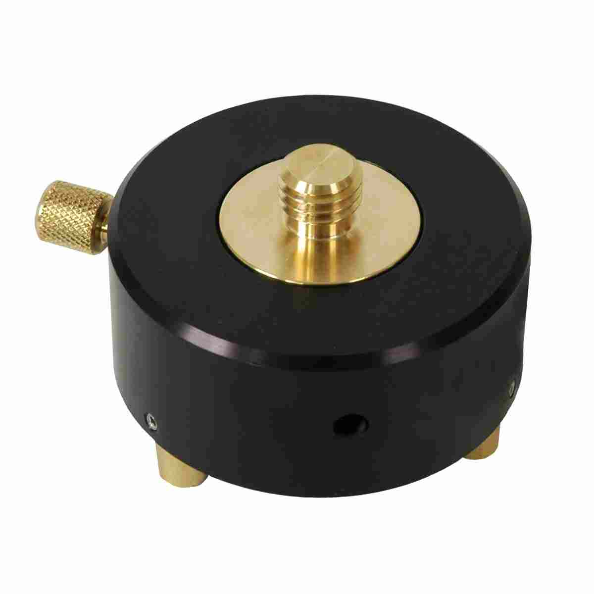 Schwarzer drehbarer Dreifußadapter mit Messing-Gewindezapfen, Rändelschraube und drei Steckzapfen.