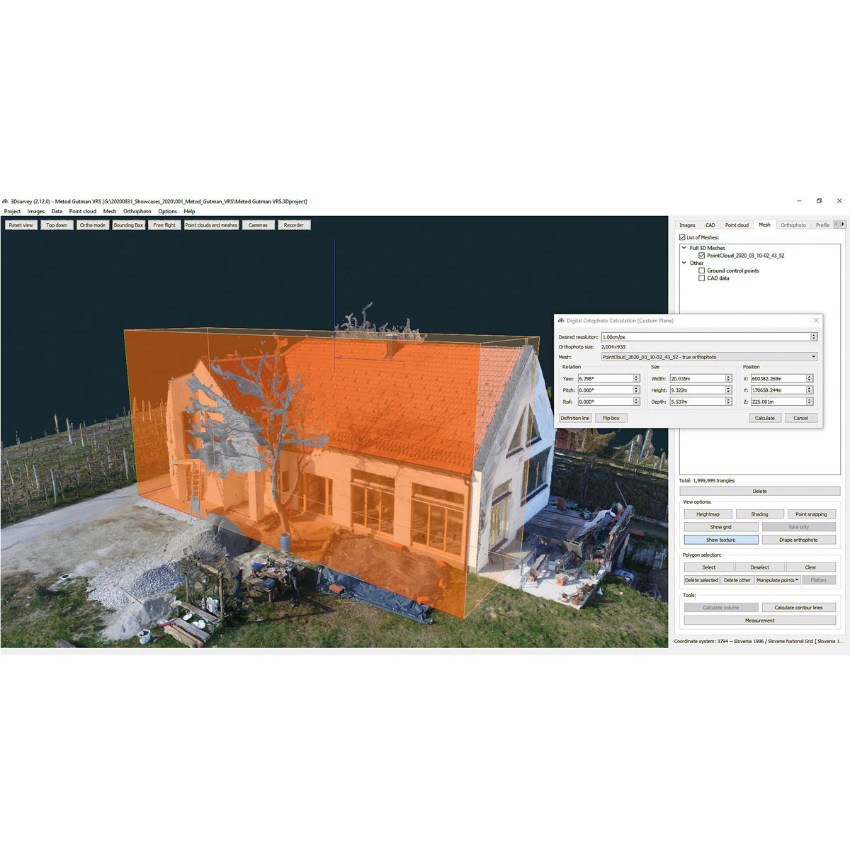 Screenshot 3Dsurvey mit 3D-Gebäudemodell und Dialog zur Berechnung eines Orthofotos.