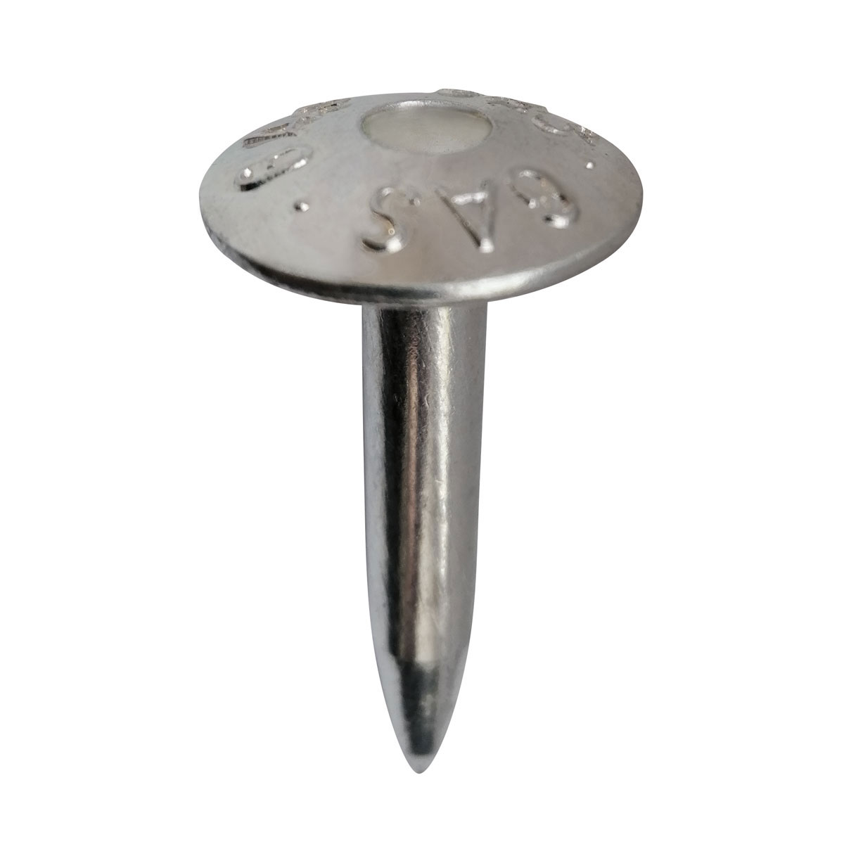 Verzinkter Superkopfbolzen 55 mm mit mehrfach eingeprägter Aufschrift Gas und zentraler Körnung im Kopf.