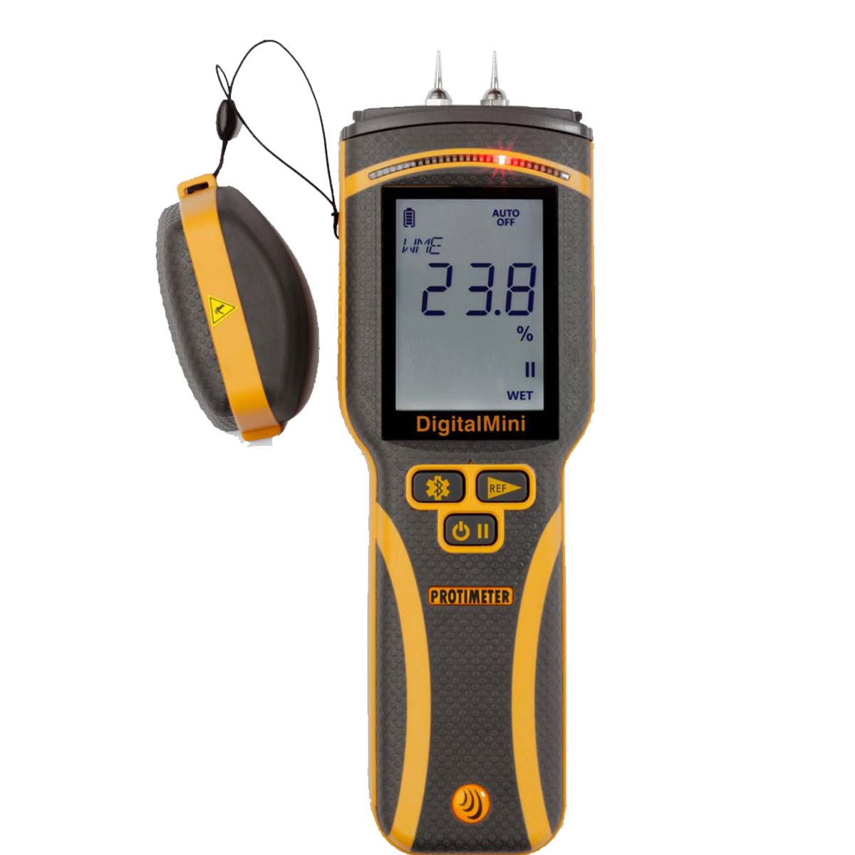 Protimeter Feuchtigkeitsmesser Digital Mini in Grau-Gelb mit Messspitzen, Display mit 23,8 % und abgenommener Schutzkappe.