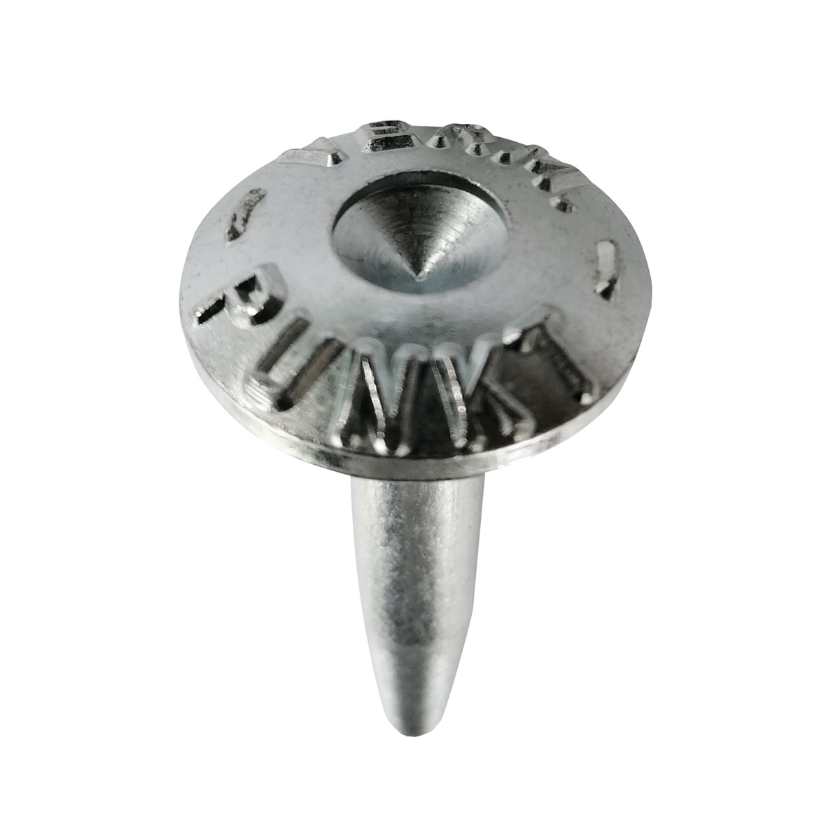 Verzinkter Superkopfbolzen 55 mm mit eingeprägter Aufschrift Verm. Punkt und zentraler Körnung im Kopf.