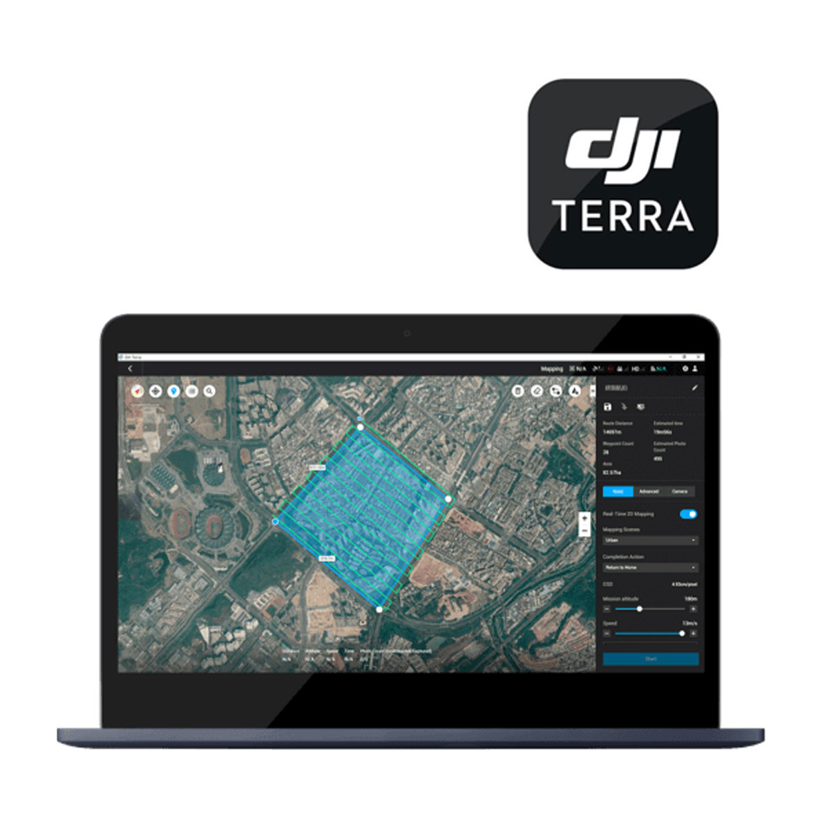 DJI Terra Logo und Laptop mit Flugplanung über einer Satellitenkarte.