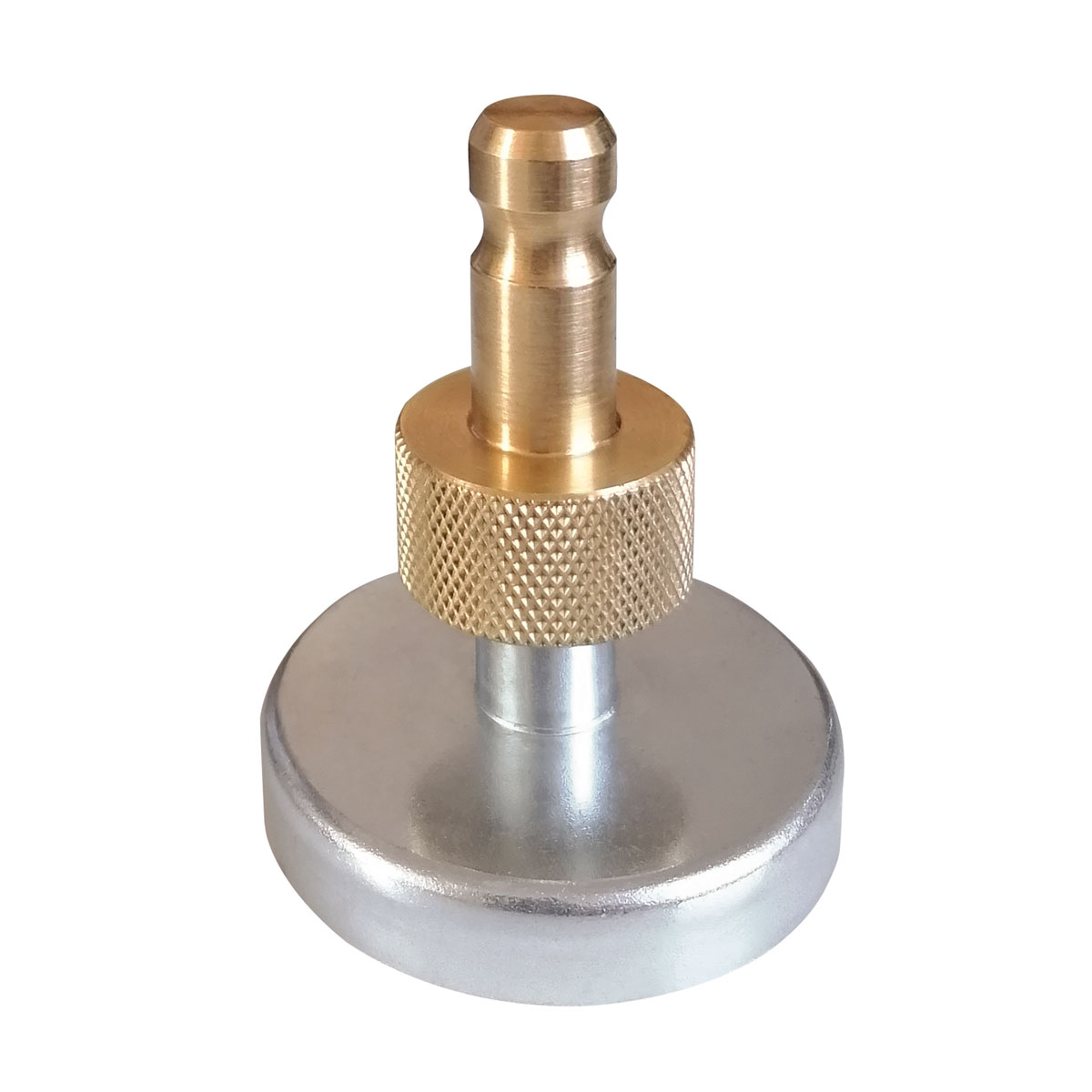 Magnet-Adapter mit runder Magnetplatte und 12 mm Leica-Steckzapfen aus Messing mit Rändelmutter.
