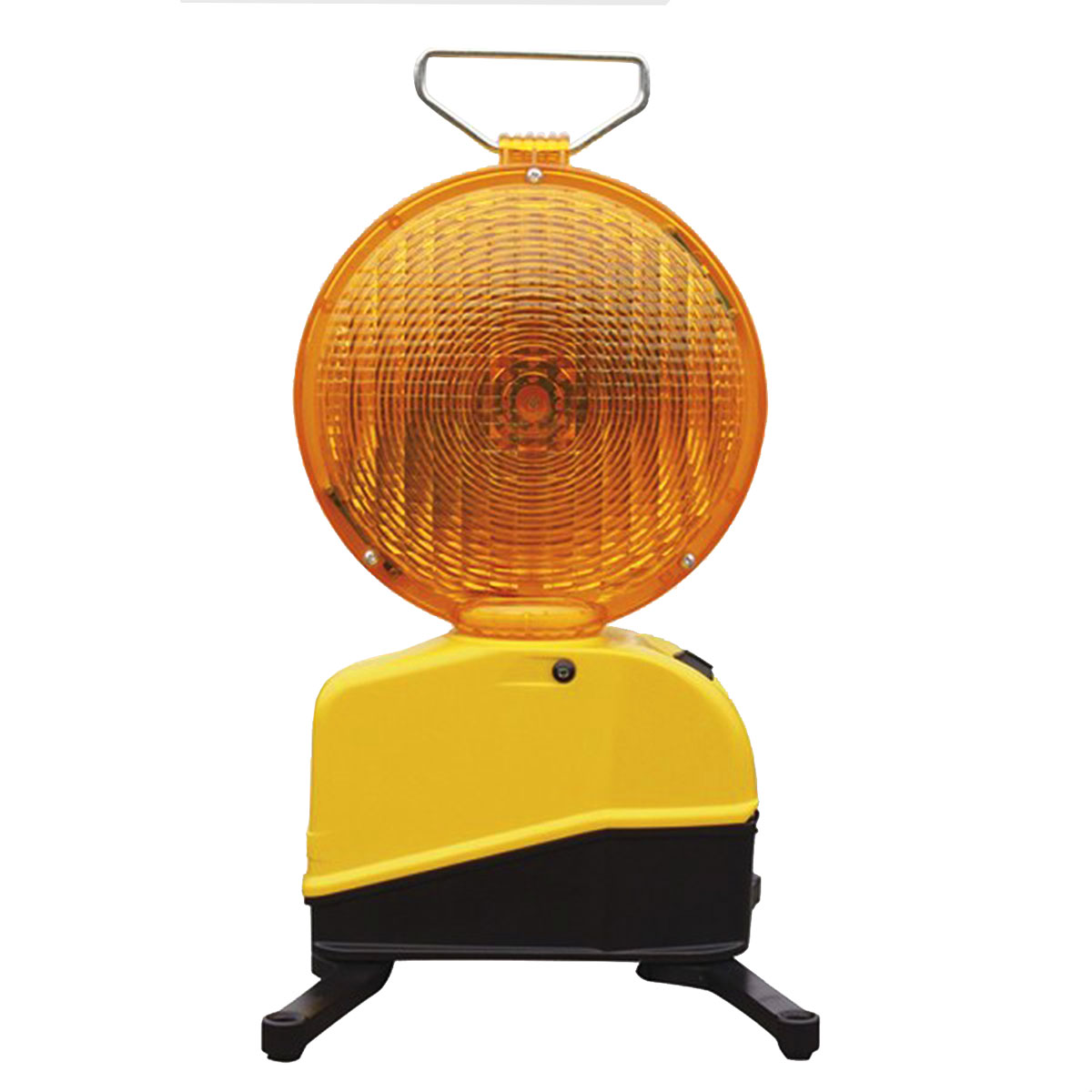 Gelbe Star-Flash-Führungslichtleuchte LED Typ 627 B mit oranger Linse, Drahtbügel und Standfüßen.