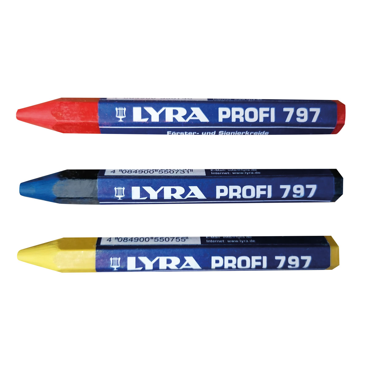 Drei Lyra Profi 797 Förster- und Signierkreiden in Rot, Blau und Gelb.