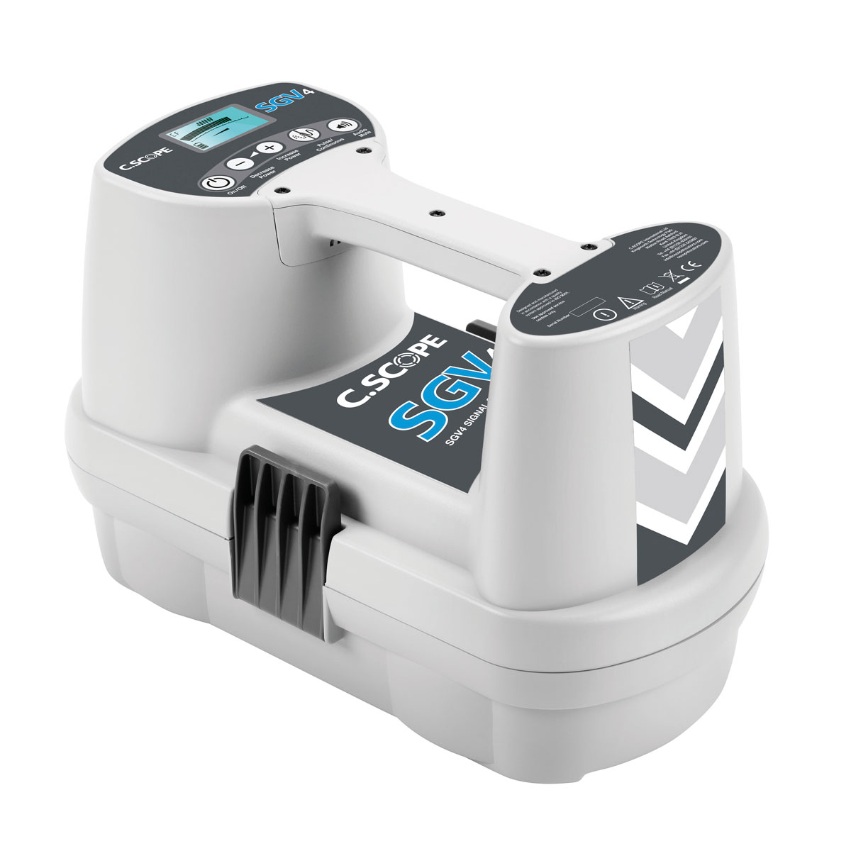 Hellgrauer C.Scope Sender SGV4 mit Display, Tragegriff und blauem Schriftzug.