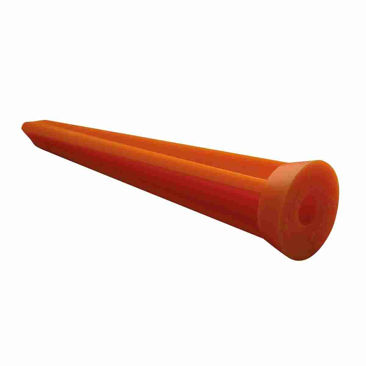 Oranger Plastikkegel 120 mm ohne Rand mit kreuzförmigem Schaft und Zentrierbohrung im Kopf.