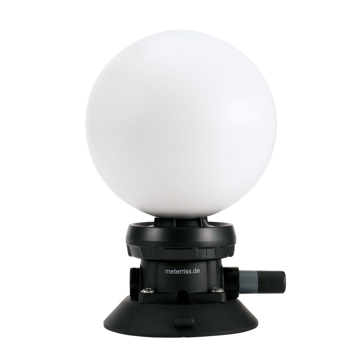Die weiße Laserscanner-Kugel RSLB10SV auf schwarzer Halterung mit Saugnapf zur schnellen und mobilen Befestigung.