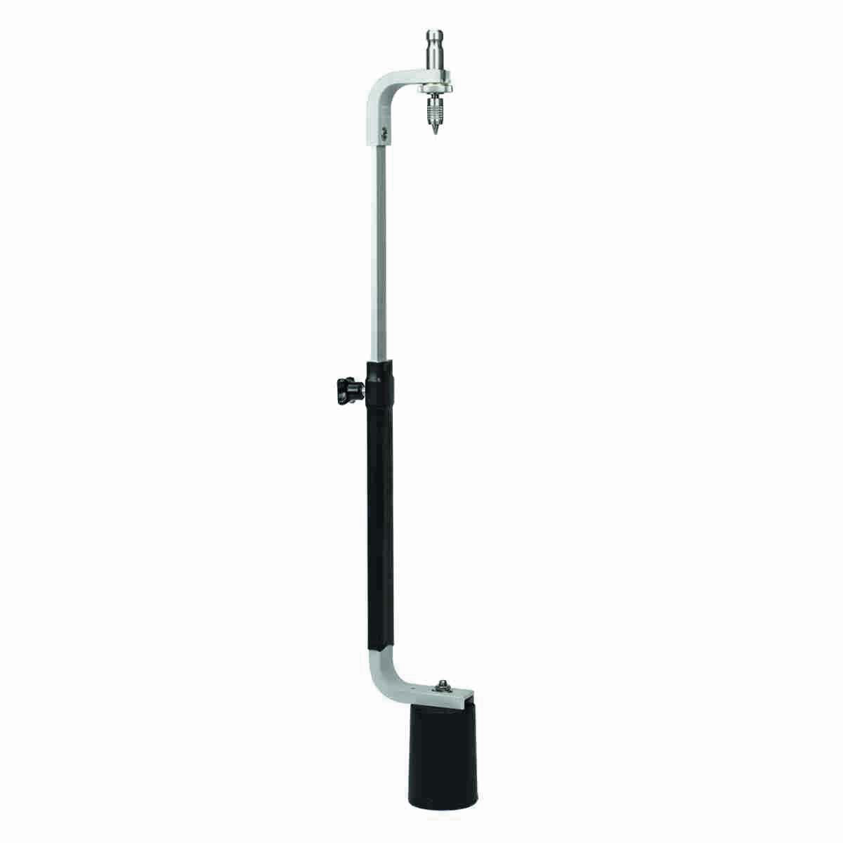 Pendelhalter zur Schnurgerüstabsteckung mit Leica-Zapfen, Spitze und schwarzem Pendelgewicht, ausgezogen.