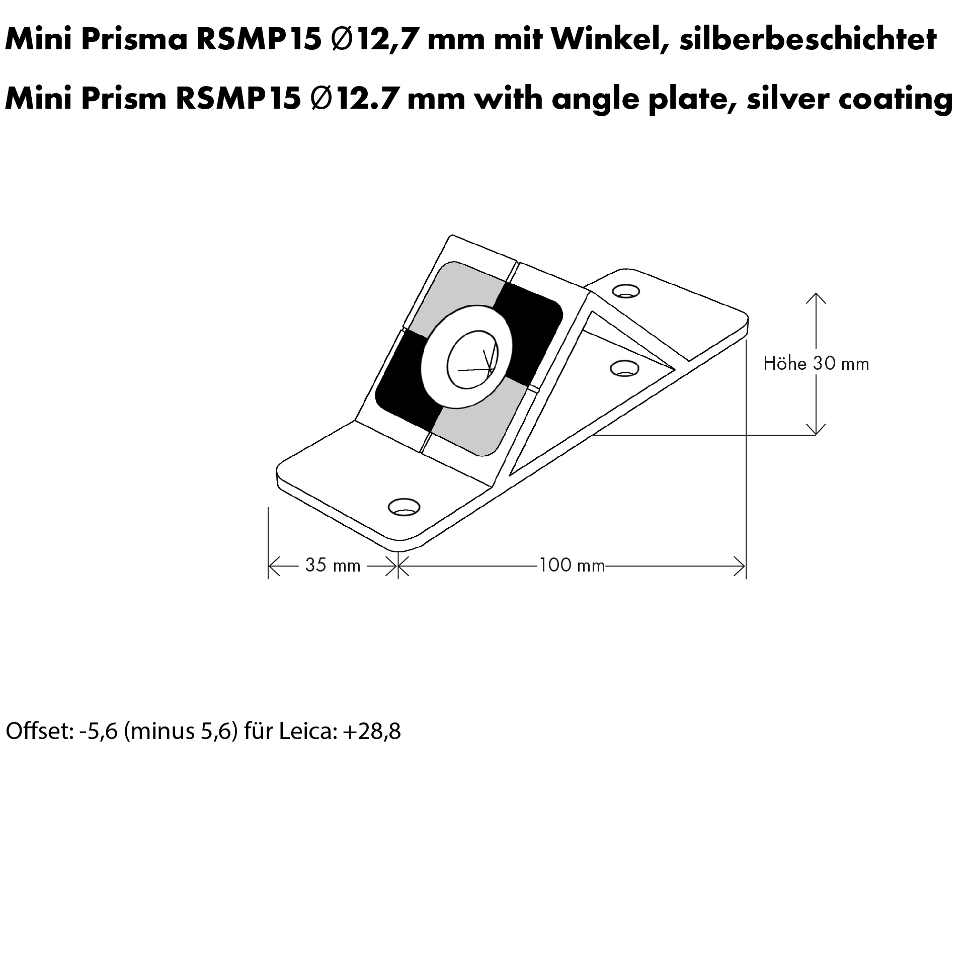 Technische Zeichnung des Rothbucher RSMP15 Monitoring Prismas mit Bemaßungen und Offset-Angaben.