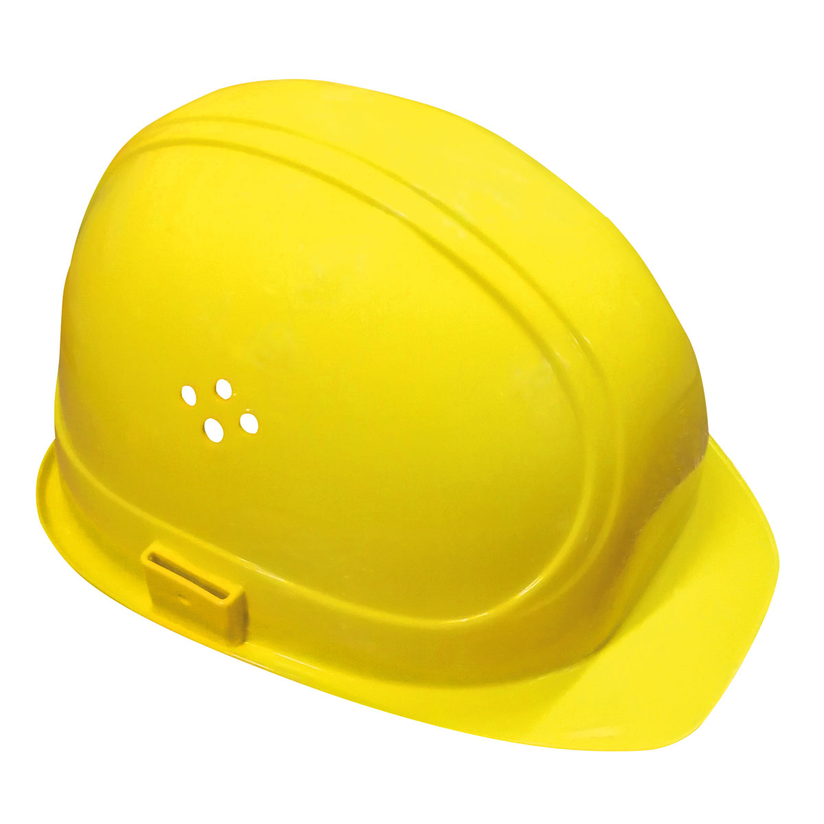Gelber Bauschutzhelm nach EN 397 mit Belüftungslöchern und heruntergezogenem Nackenteil.