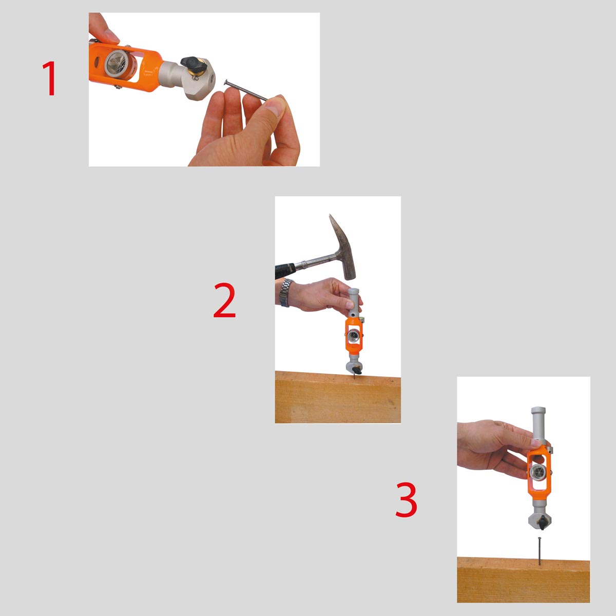 Hand setzt Nagel mit Prisma Nagelhalter HIT am Schnurgerüst, Schritt-für-Schritt Anleitung