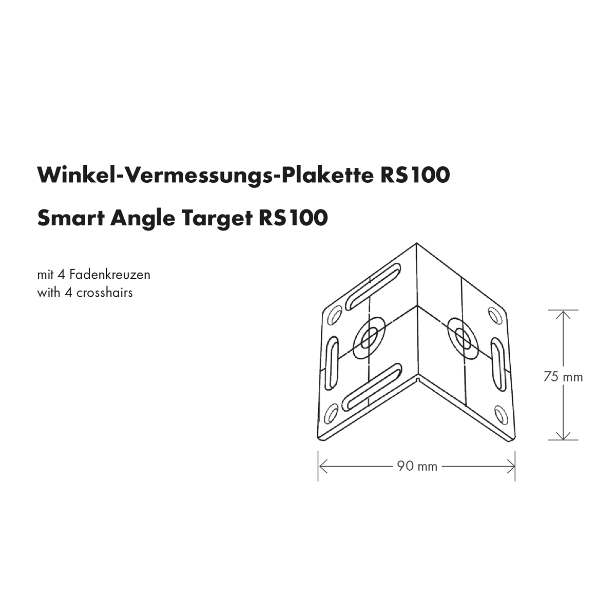 Technische Skizze der Winkel-Vermessungs-Plakette RS100 mit Maßen 70 mm Höhe und 100 mm Breite.