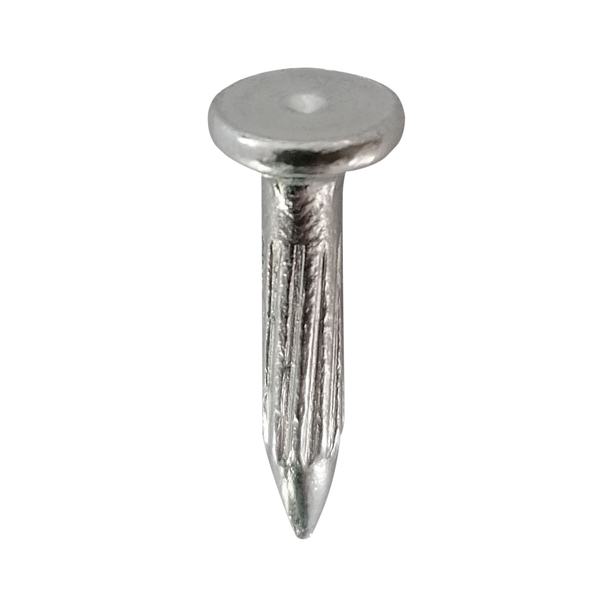 Stahl-Messnagel 25 mm mit flachem Kopf, Zentrierpunkt und längs geriffeltem Schaft.