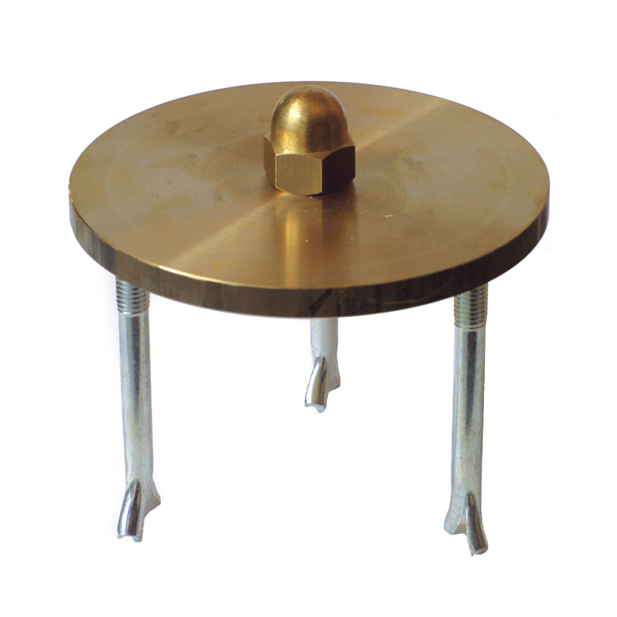 Geräteaufnahmeplatte aus Messing Ø 140 mm mit aufgeschraubter Schutzmutter und drei verzinkten Ankerschrauben.