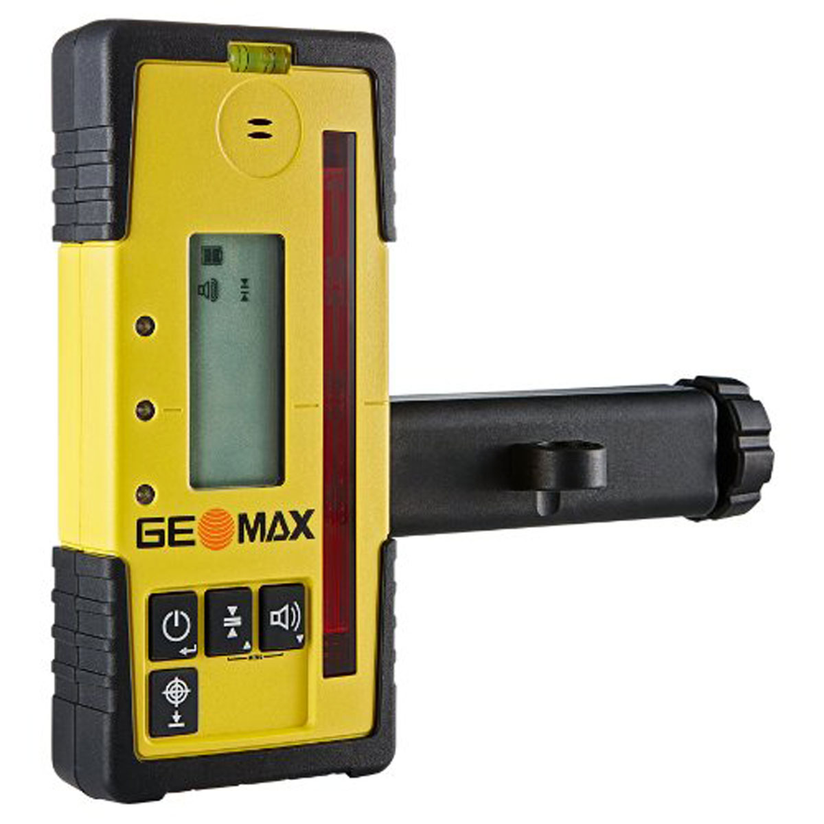 Gelber Handempfänger ZRD105 für GeoMax Zone Laser inklusive montiertem schwarzen Halter.