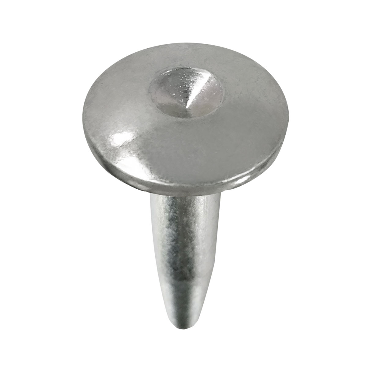 Verzinkter Superkopfbolzen 55 mm ohne Aufschrift mit glattem Kopf und zentraler Körnung.