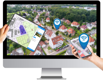 Monitor zeigt GIS-Karten auf Tablet und Smartphone mit INGRADA mobile für die proNIVO PNR21i GPS-Antenne.
