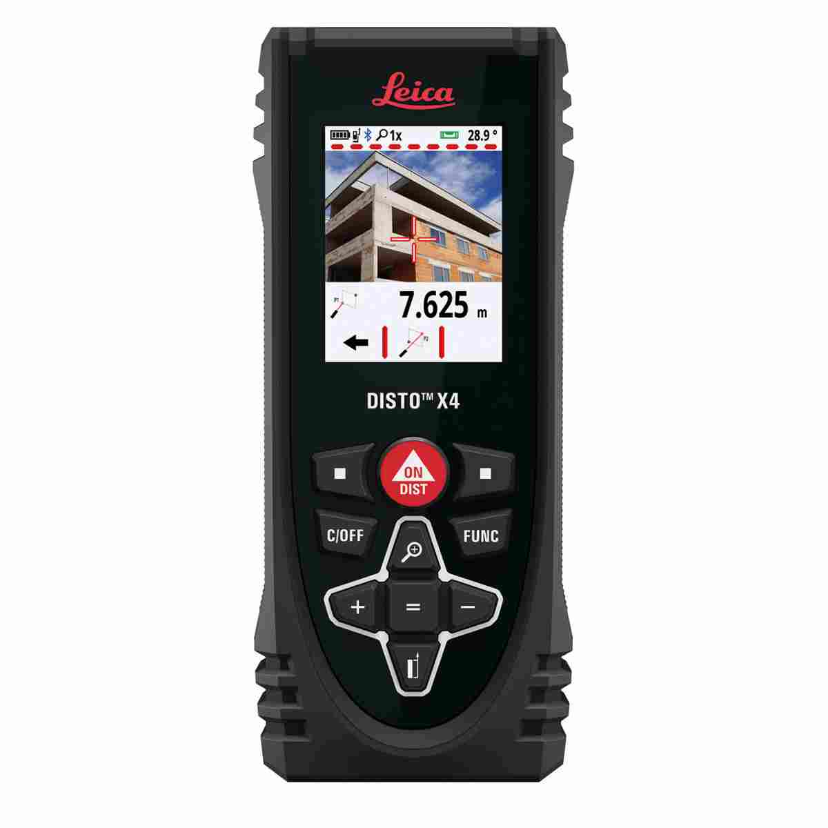 Leica Disto X4 Laser-Entfernungsmesser mit Farbdisplay, Pointfinder-Kamerabild und Tastenfeld.