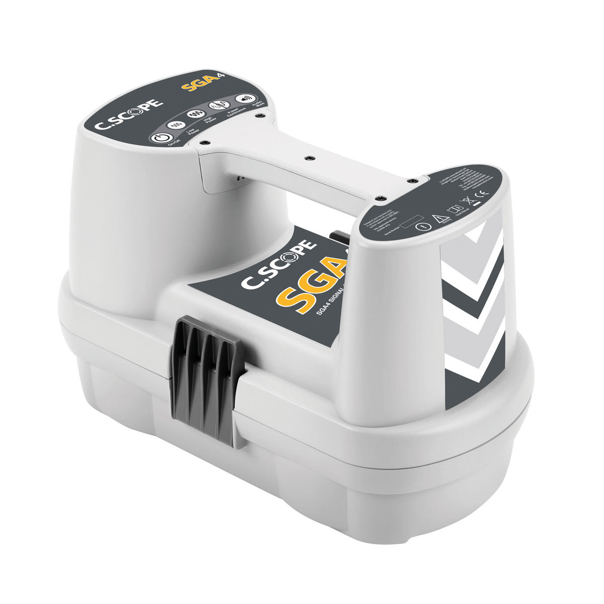 Hellgrauer C.Scope Sender SGA4 mit Tragegriff, Tasten für Low/High Power und gelbem Schriftzug.