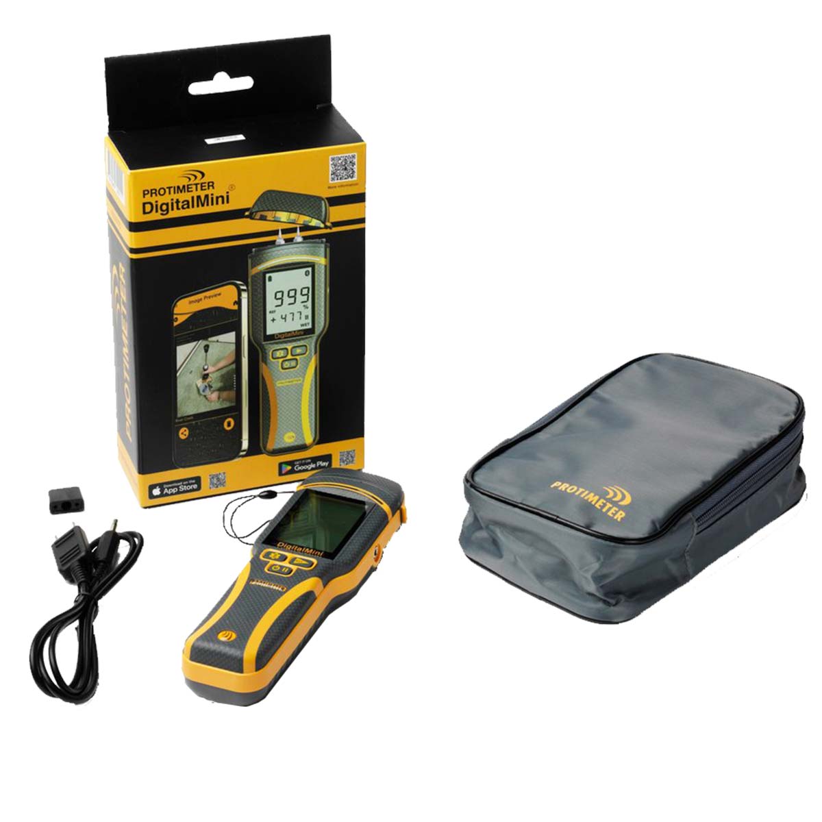 Lieferumfang des Protimeter Digital Mini: Verpackung, Messgerät, Messkabel und graue Tasche.