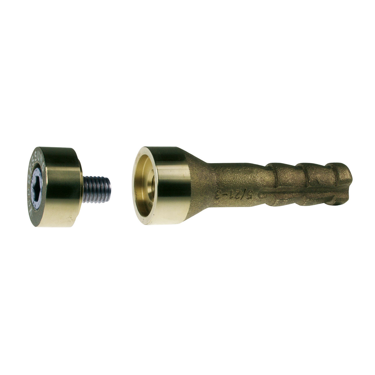 Mauerbolzen 100 mm mit abnehmbarem Messing-Schraubkopf und gezacktem Verankerungsschaft.