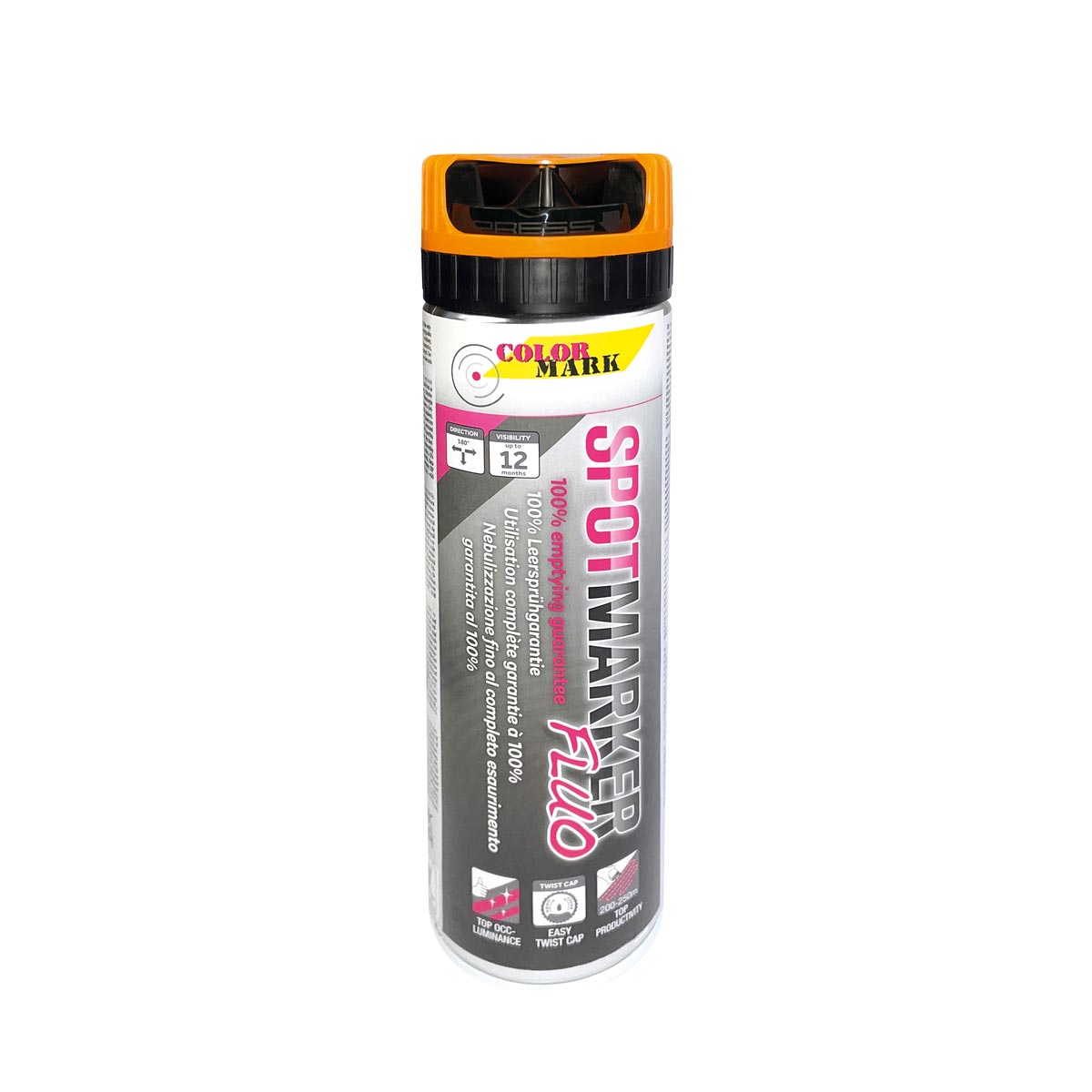 Colormark Spotmarker FLUO 500 ml mit leuchtorangem Twist-Cap und Sicherheitskappe.