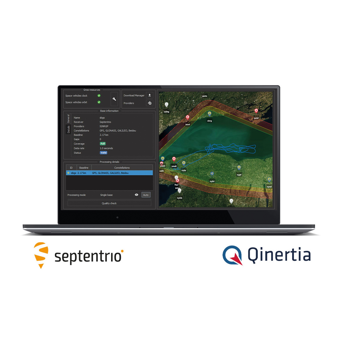 Laptop mit Septentrio Qinertia Post-Processing-Software, Satellitenkarte und GNSS-Basisinformationen.