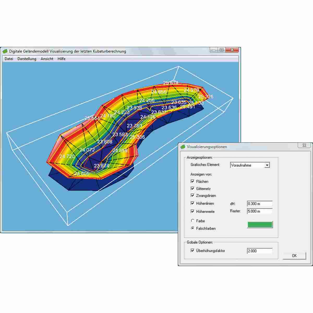 Screenshot der Kubatur-Software mit farbigem digitalem Geländemodell und Visualisierungsoptionen.