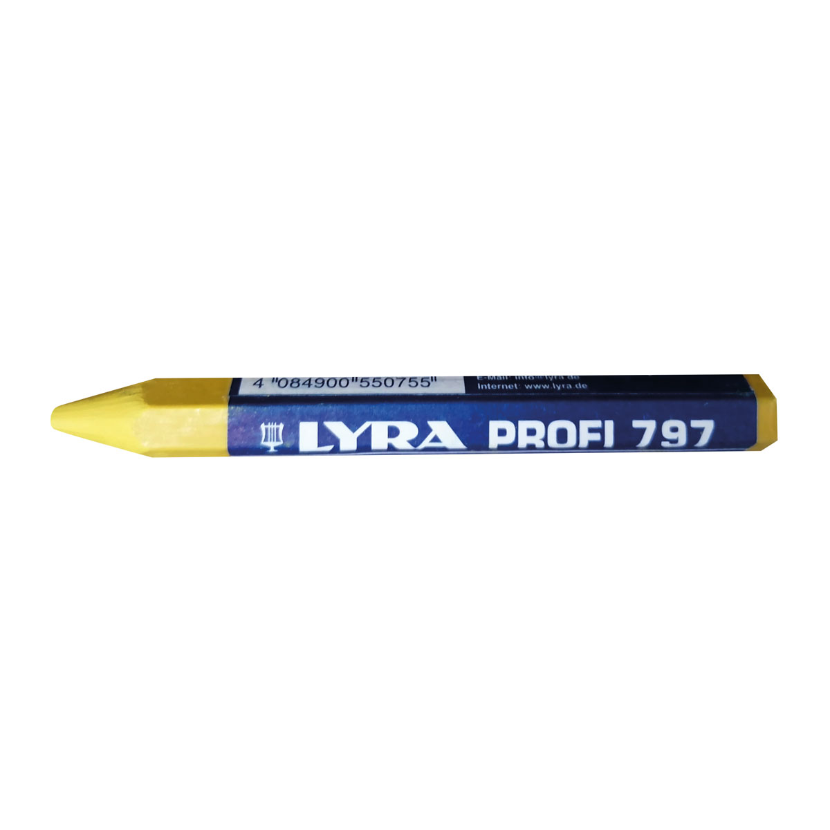 Gelbe sechseckige Förster- und Signierkreide Lyra Profi 797, Ø 12 mm, mit blauer Banderole.