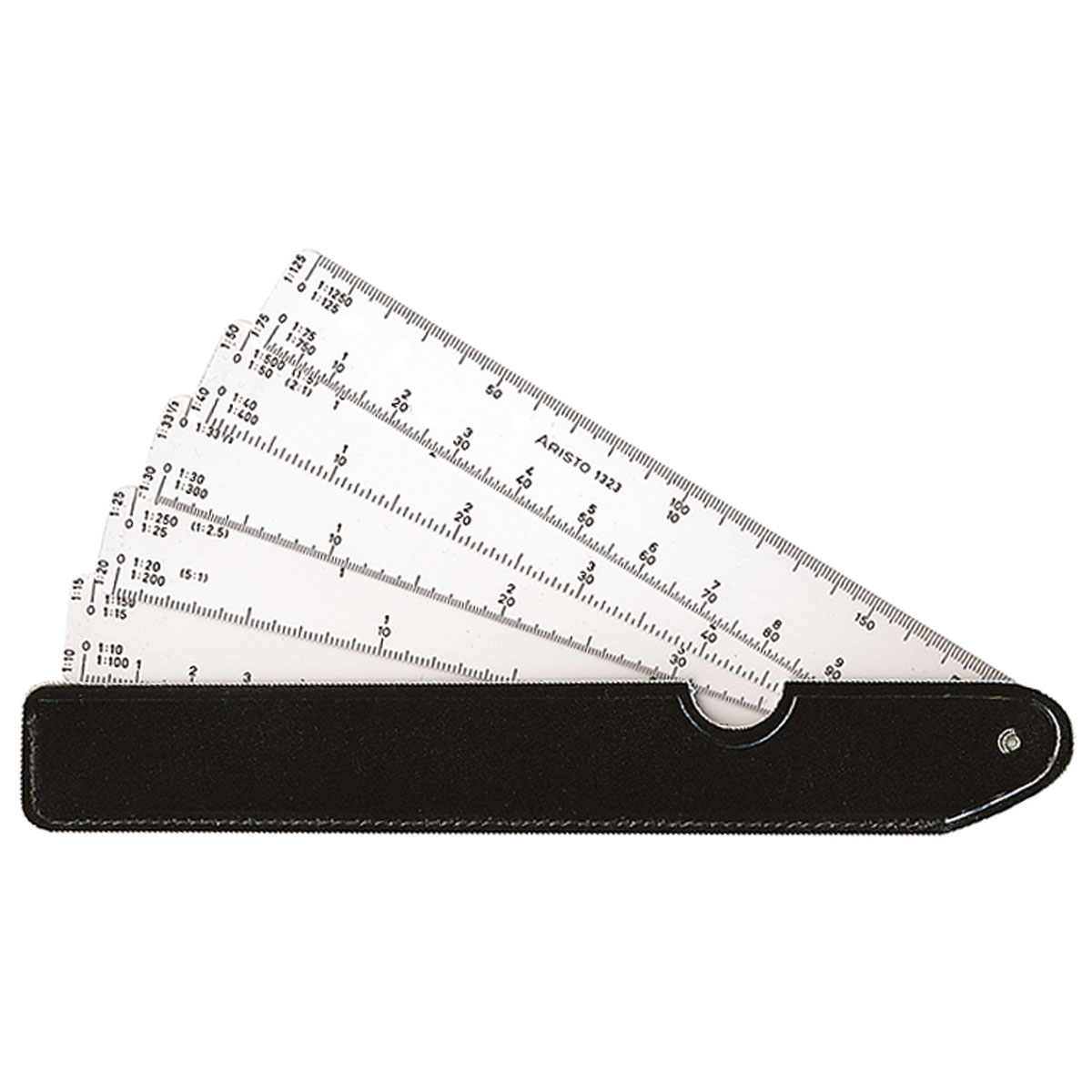 Aristo AR1323 Faechermaßstab (5 Faecher) in Kunststoff mit schwarzen Zahlen in ausgeklappter Position, in schwarzem Etui.