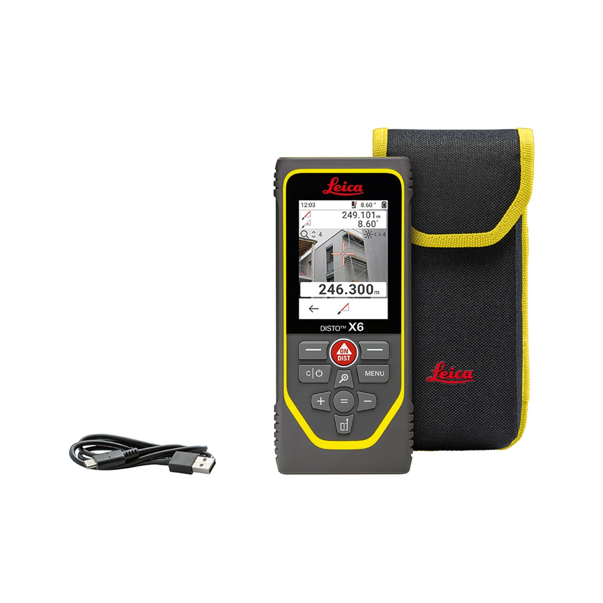 Lieferumfang Leica Disto X6 mit gelb eingefasster Gürteltasche und USB-Ladekabel.