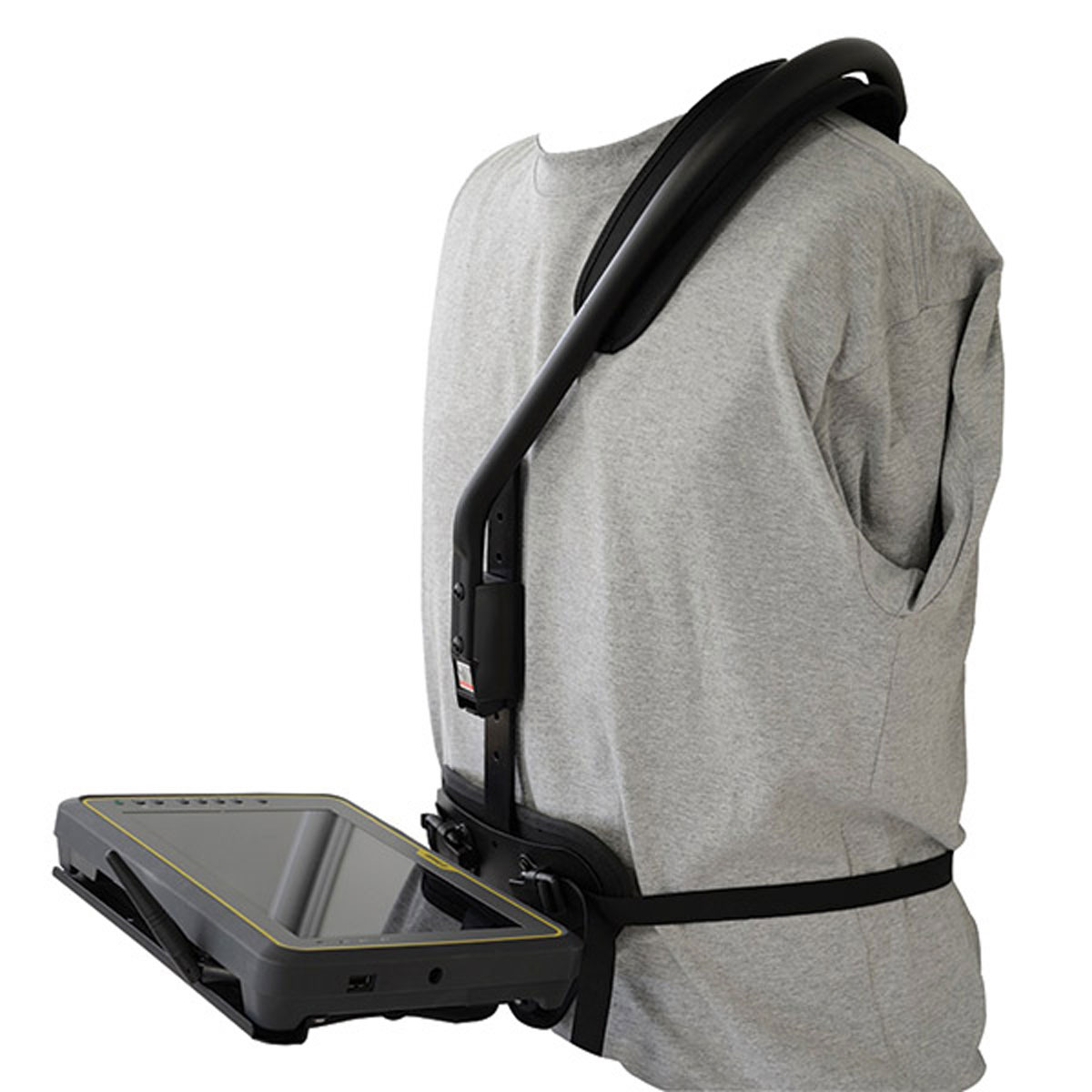 Schwarze Tablet-Halterung für Juniper Mesa2, FC5000 und RT3 mit passgenauer Schale für Tablet-Tragegestelle.