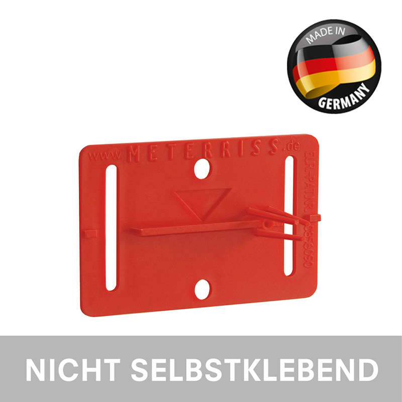 Rote Meterriss-Plakette RS20 von Rothbucher Systeme, nicht selbstklebend, mit Höhenmarke und Aufsatzkante.