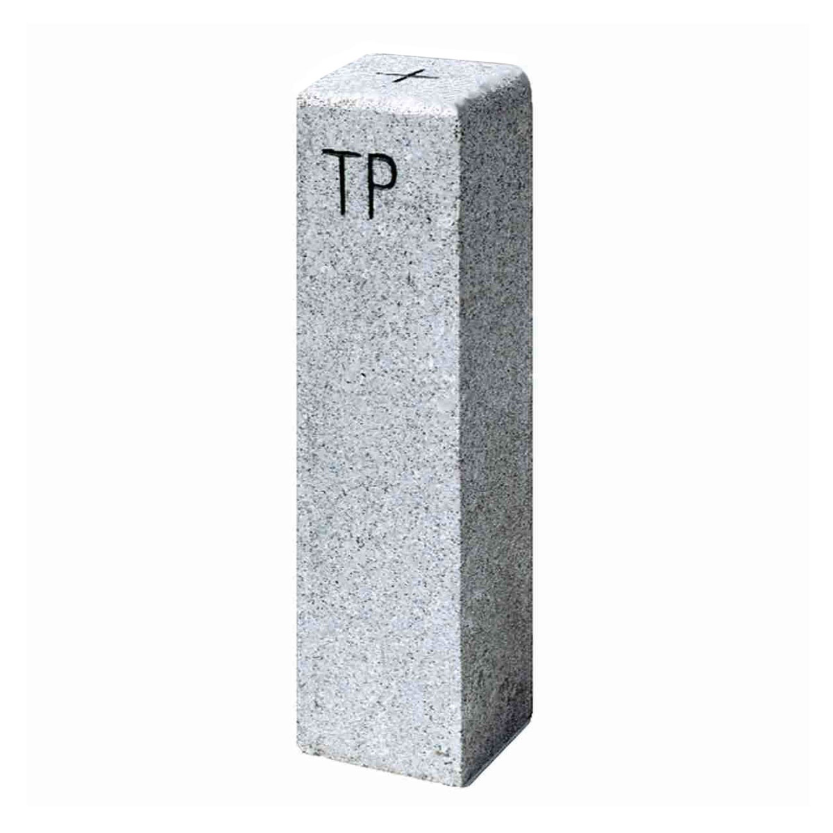 TP-Pfeiler aus Granit 25 x 25 cm, Länge 90 cm, mit eingemeißelter Aufschrift TP und Strichkreuz auf dem Kopf.