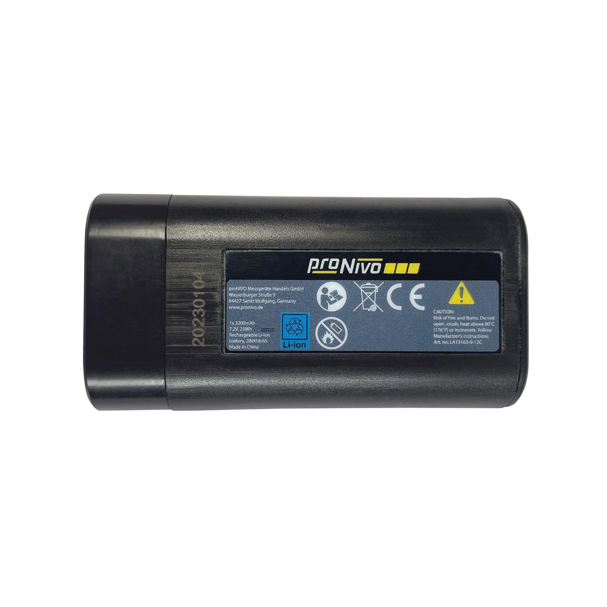Schwarzer proNIVO Li-Ion-Ersatzakku 7,2 V 3200 mAh mit Typenschild.