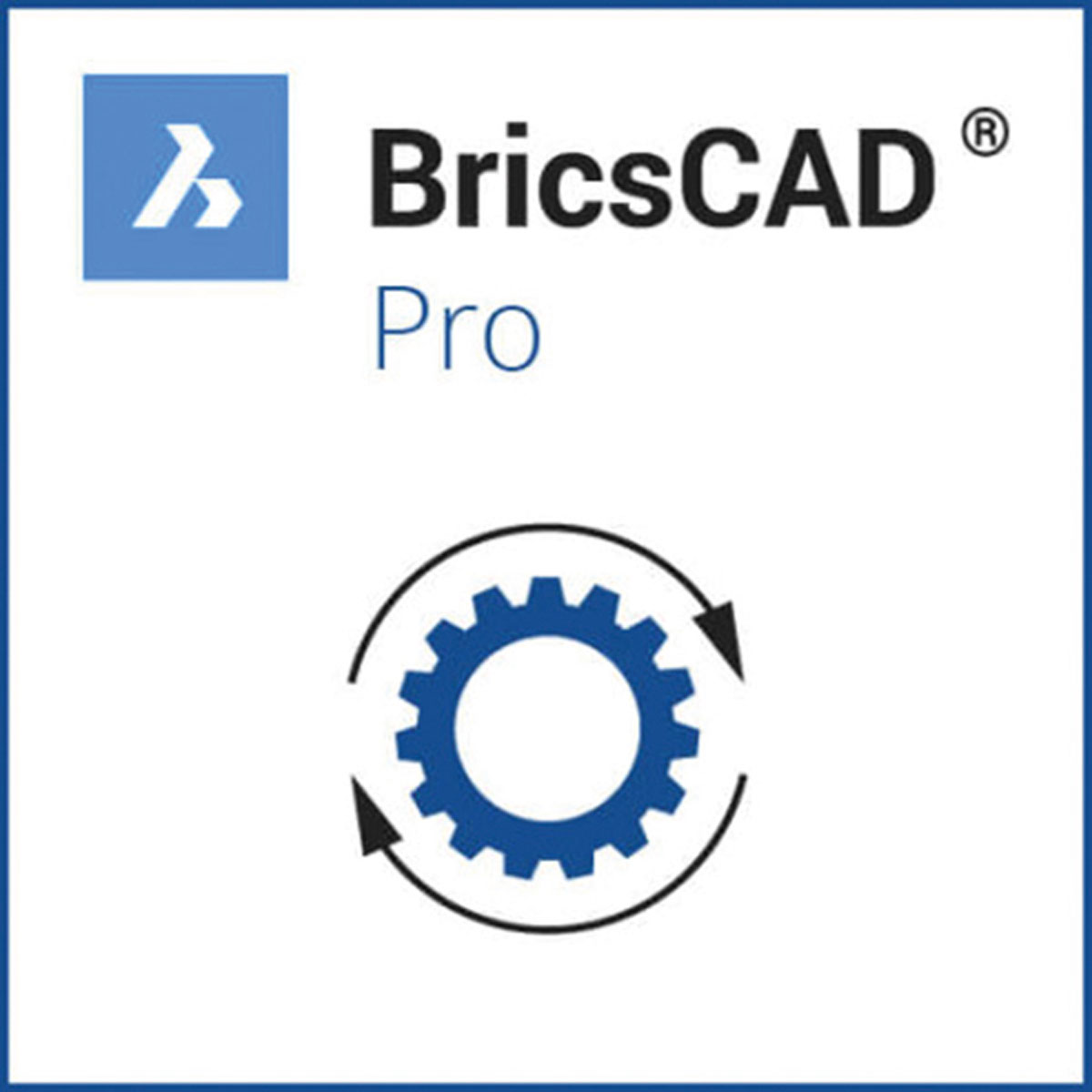 Produktlogo BricsCAD Pro mit blauem Zahnrad und kreisförmigen Pfeilen.