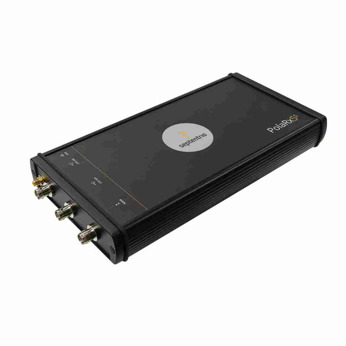 Schwarzer Septentrio GNSS-Referenzempfänger PolaRx5S mit BNC-Anschlüssen.