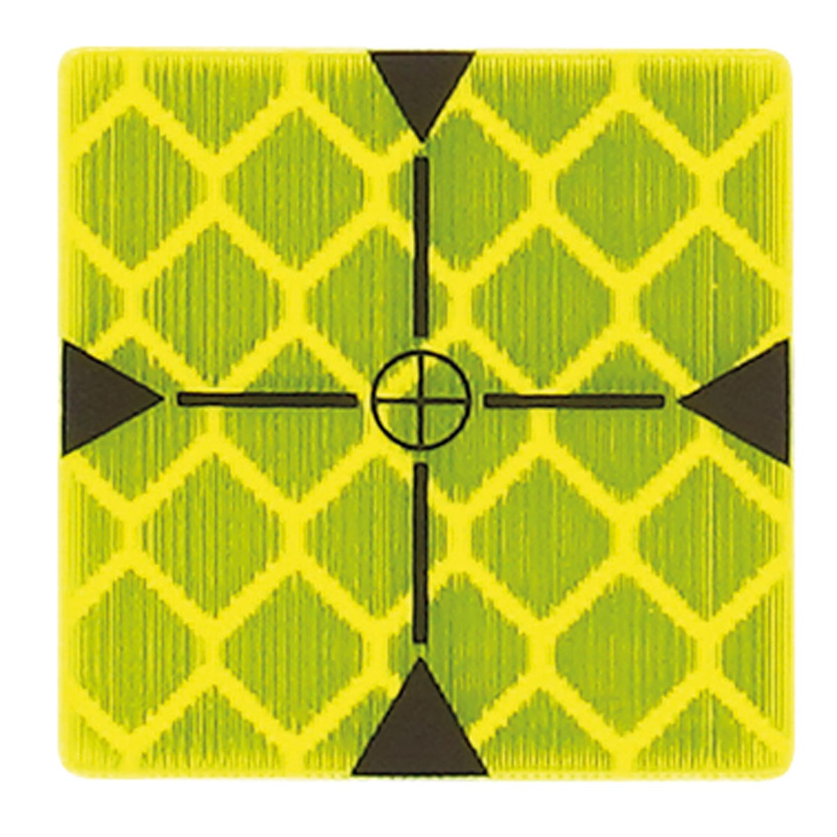 Gelbe selbstklebende Reflexzielmarke 21 x 21 mm mit Fadenkreuz und schwarzen Zielpfeilen.
