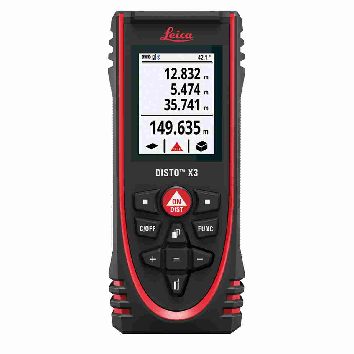 Leica Disto X3 Laser-Entfernungsmesser in Schwarz-Rot mit Display und Tastenfeld.
