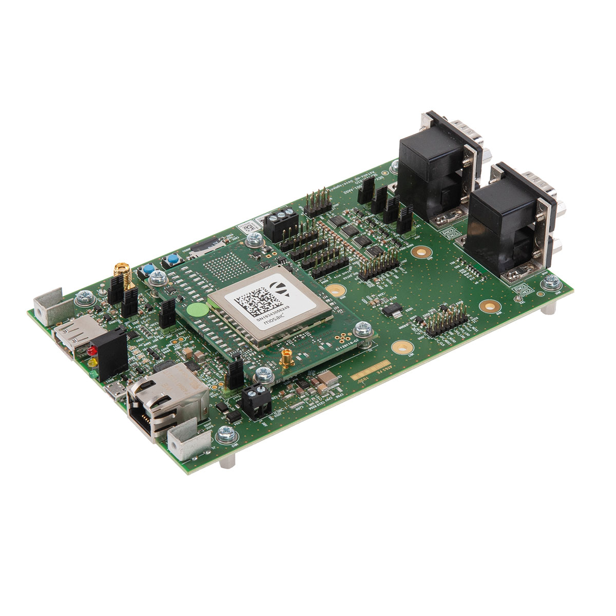 Septentrio mosaic Development Board mit GNSS-Modul, LAN, USB und D-Sub-Anschlüssen, Schrägansicht.