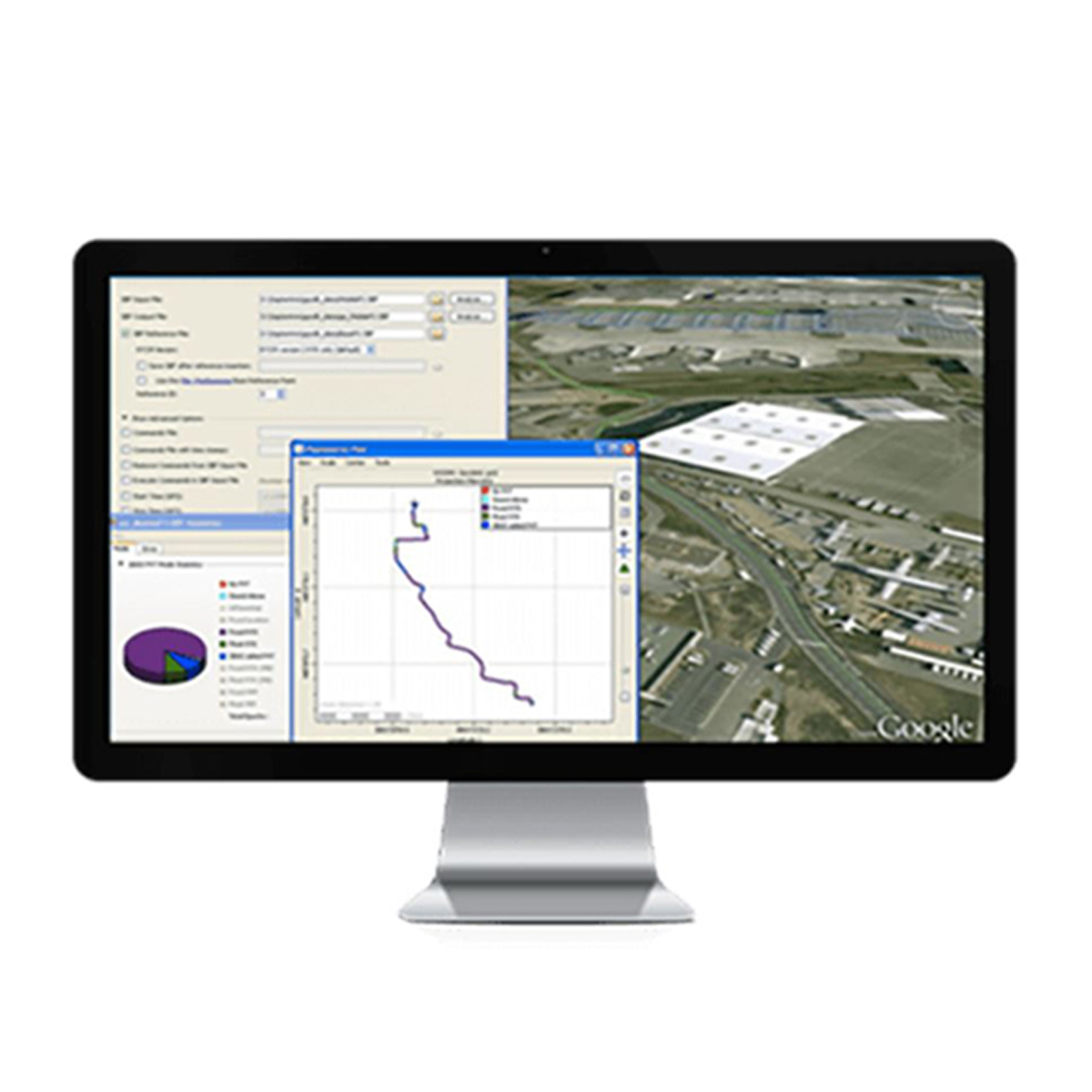 Monitor mit Septentrio PP-SDK Post-Processing-Software, Trajektorie und Luftbild.