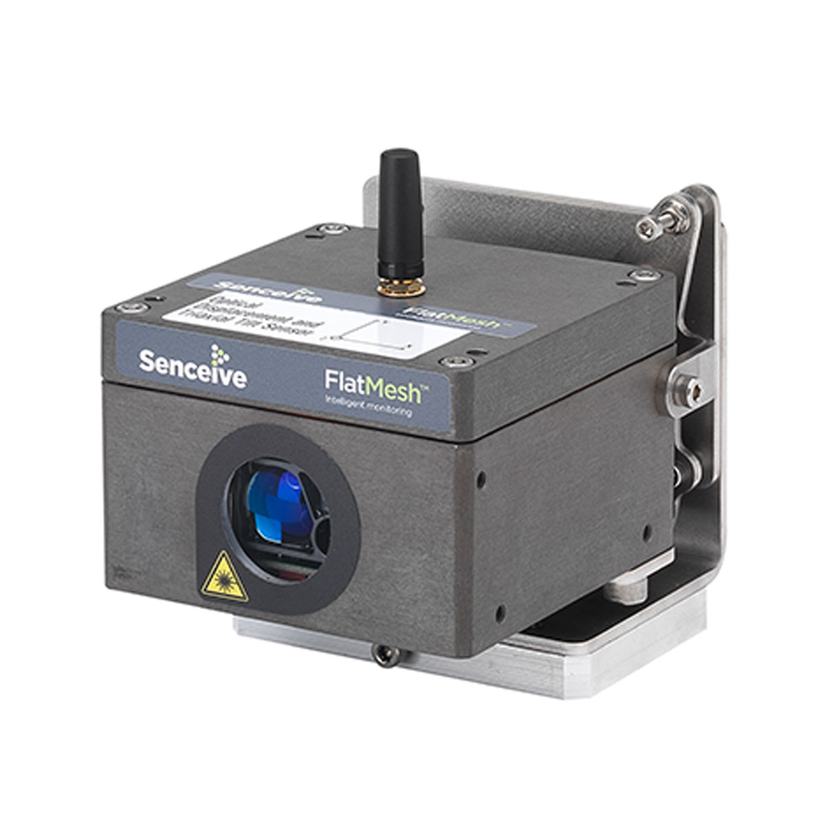 Ansicht des Laser Distanz Sensor Node von Senceive mit montiertem schwarzen Montagewinkel.