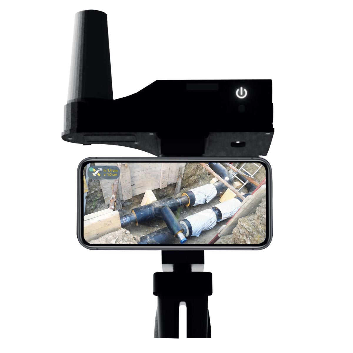 Das mobile KickTheMap GNSS RTK System mit Smartphone-Halterung zur sofortigen 3D-Dokumentation.