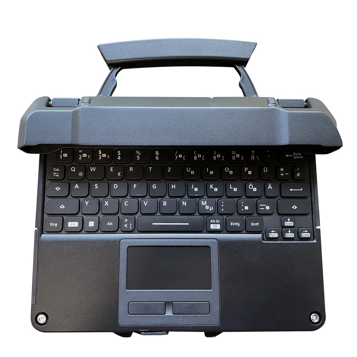 Schwarze Panasonic Tastatur für das FZ-G2 mit deutschem Layout, Touchpad und ausgeklapptem Tragegriff.