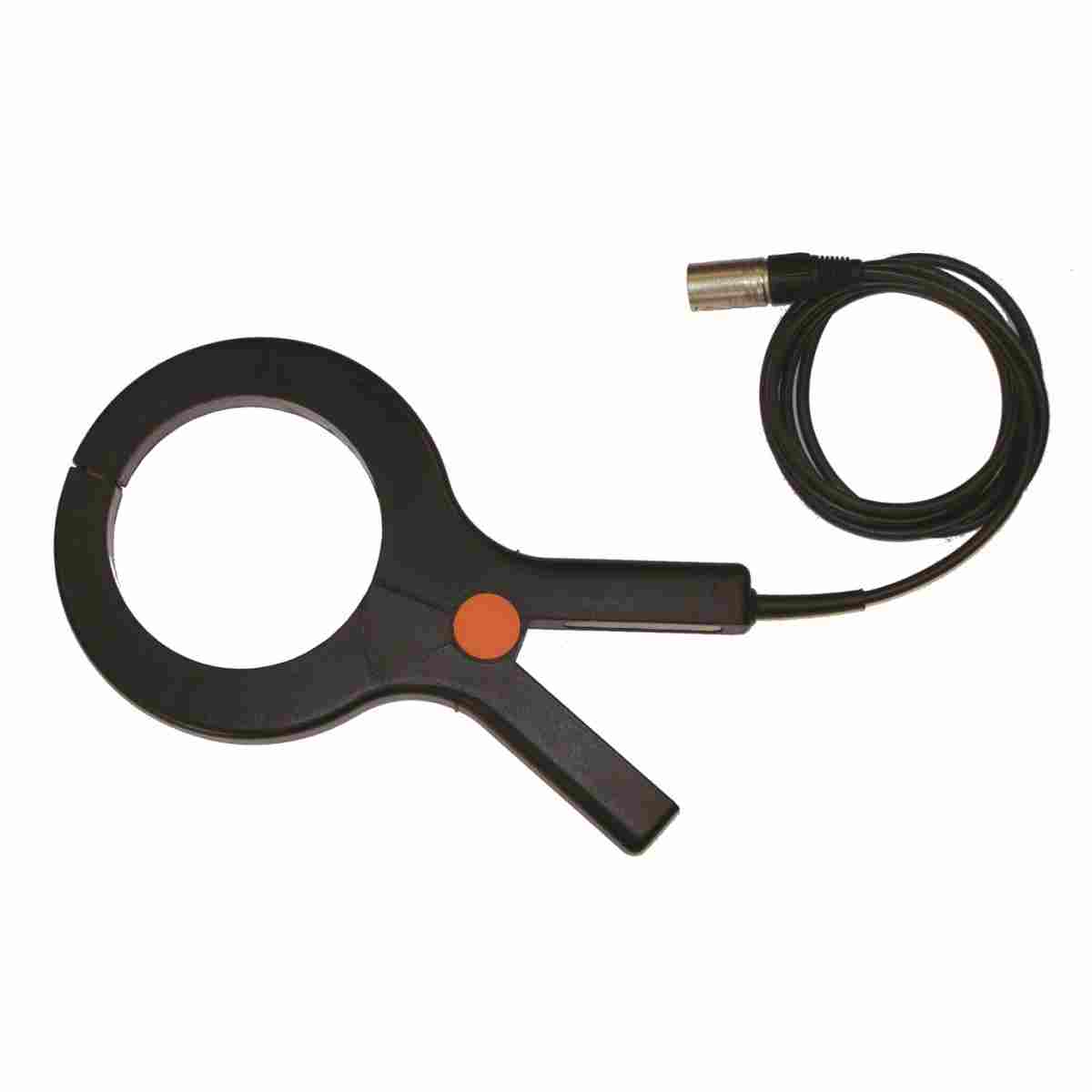 Schwarze Induktiv-Sendezange Ø 100 mm von C.Scope mit orangem Gelenkpunkt und Anschlusskabel mit Stecker.
