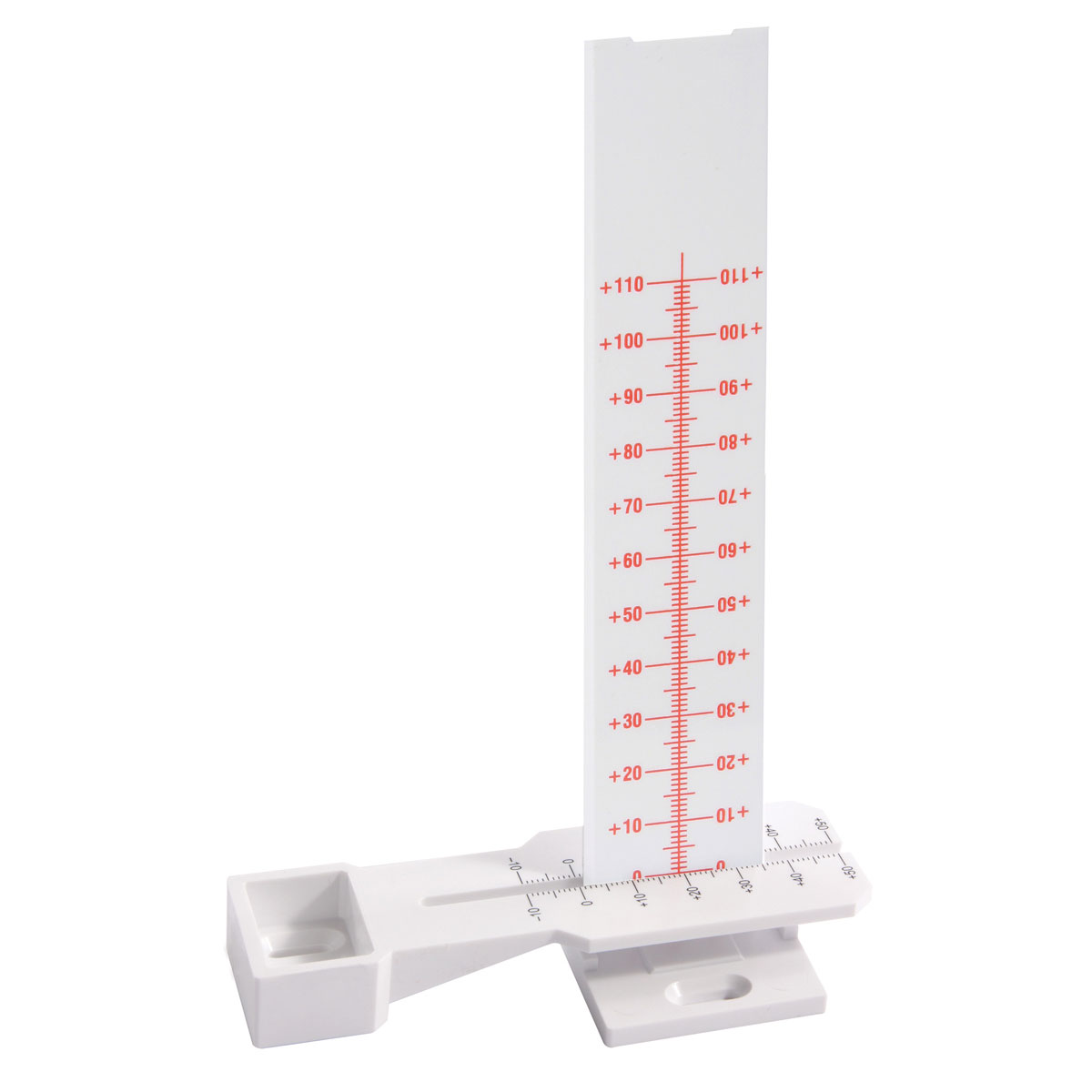 Weißer Rissmonitor TT 4 für Mauerwerksversatz mit senkrechter Skala bis +110 mm und Schiebelehre.
