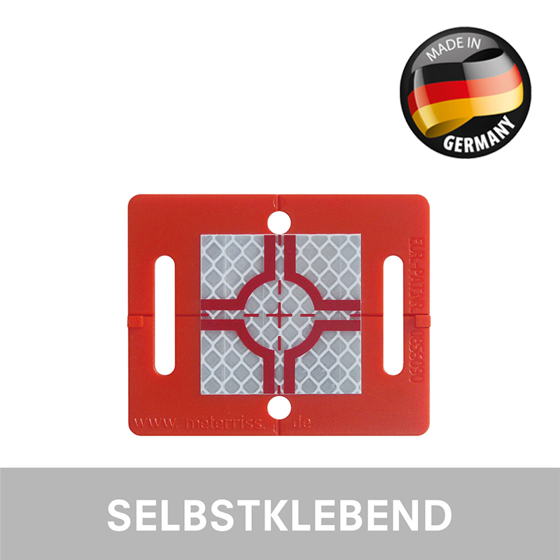 Rote Vermessungsplakette RS61 von Rothbucher Systeme, selbstklebend, mit Reflexzielmarke.